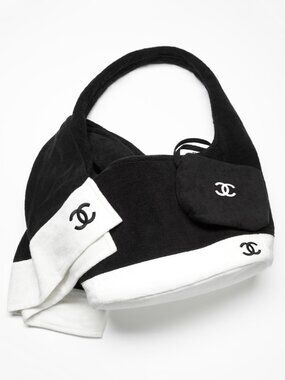 CHANEL 26S BLACK AND WHITE COTTON HOBO BAG POUCH AND TOWEL NWTS!